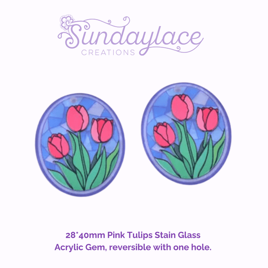 28*40mm Pink Tulips Stain Glass  Acrylic Gem, Reversible Sew on,  Large Acrylic Resin Gem (Sold in Pair) Resin Gems