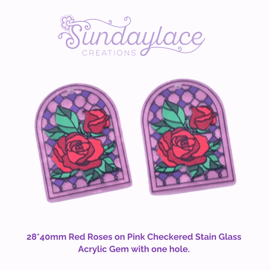 28*40mm Red Roses on Pink Checkered Stain Glass  Acrylic Gem, Sew on,  Large Acrylic Resin Gem (Sold in Pair) Resin Gems