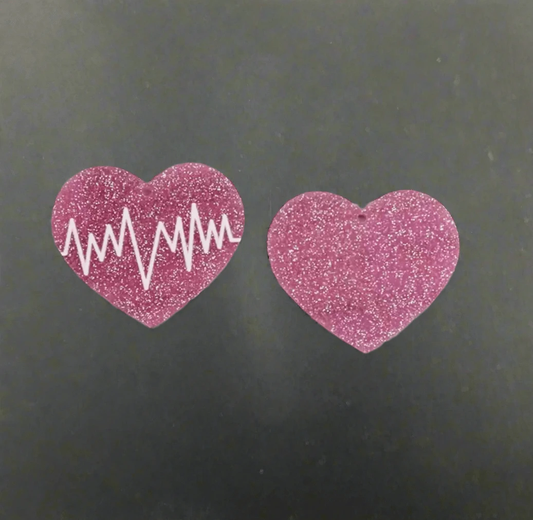 29*33 mm Pink Glitter Beat on Heart, Glue on, Resin Gem (Sold In Pair) Resin Gems