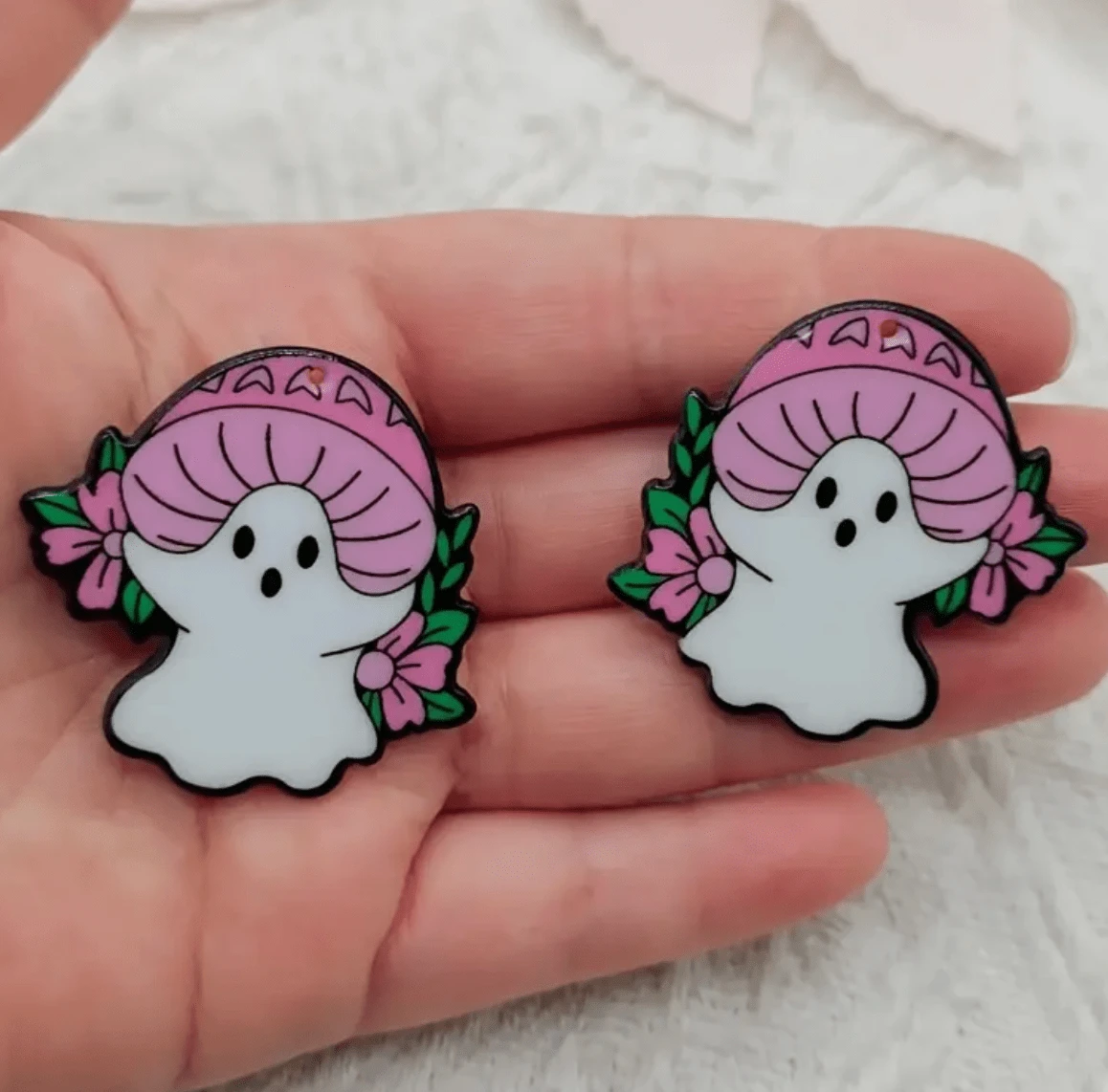 Death by Mushrooms Ghost 29*40mm Ghost Party Gems, Double Sided One Hole, Acrylic Charm Resin Gems (Sold in pair) Resin Gems