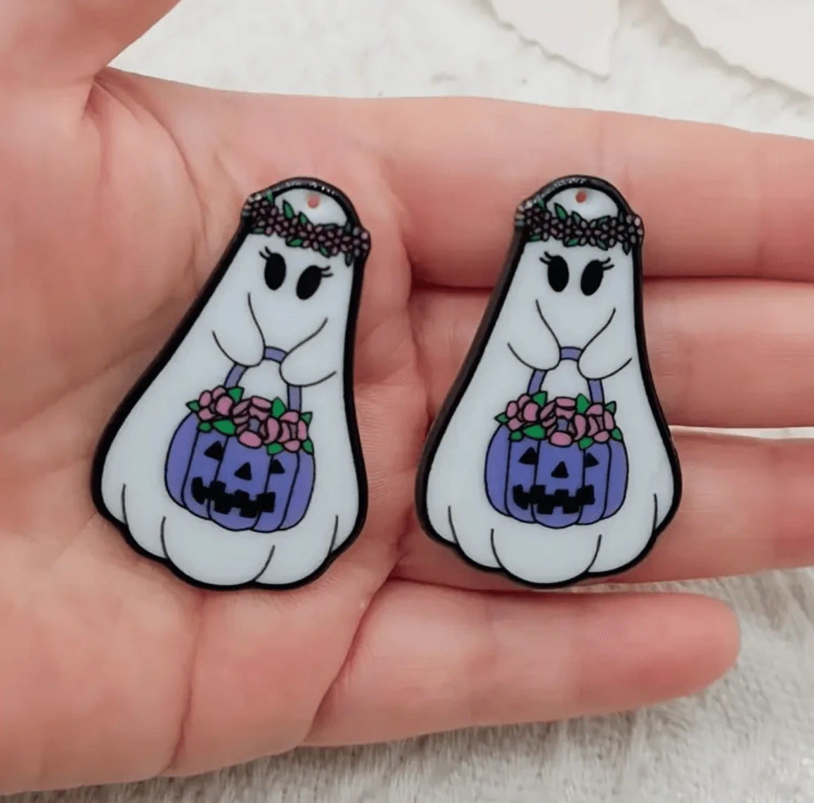 Trickin and Treatin Ghost 29*40mm Ghost Party Gems, Double Sided One Hole, Acrylic Charm Resin Gems (Sold in pair) Resin Gems