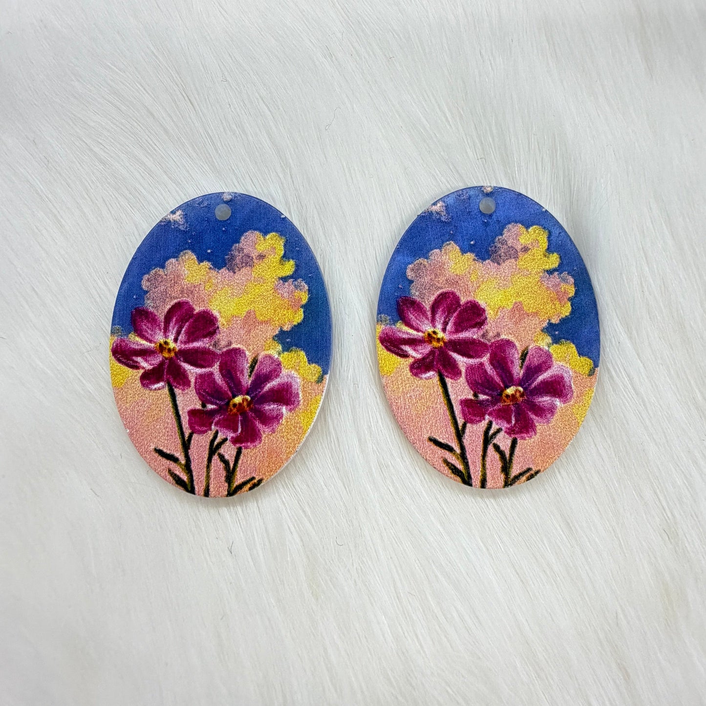 29*38mm Pink flower on night blue Acrylic, One hole, Resin gem (Sold in Pair) Resin Gems