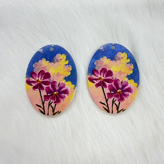 29*38mm Pink flower on night blue Acrylic, One hole, Resin gem (Sold in Pair) Resin Gems