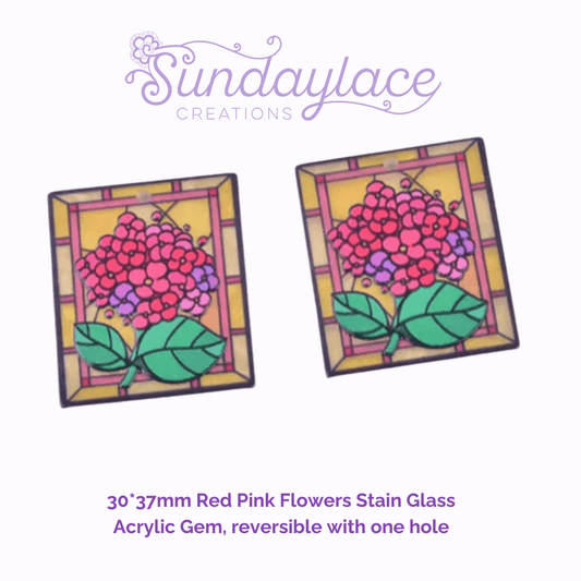 30*37mm Red Pink Flowers Stain Glass  Acrylic Gem, reversible with one hole (Sold in pair) Resin Gems