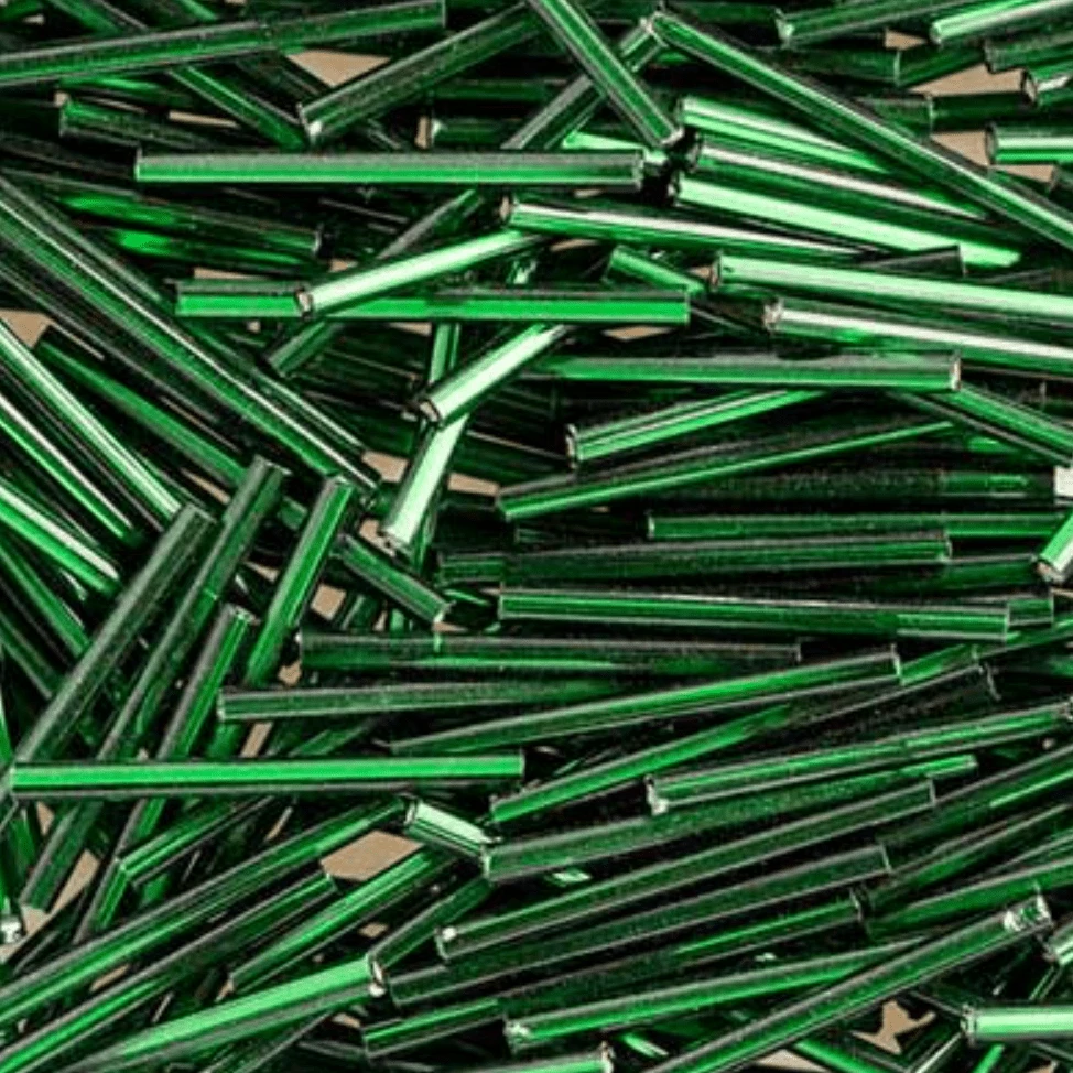 30mm Czech Bugles - Long Silver Lined Green, 20g Bugles Beads