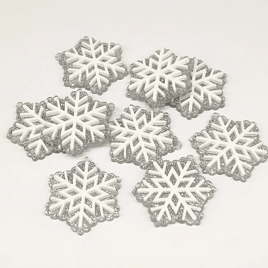 31*37mm Silver & White Snowflake Printed Acrylic Gems, Glue on, Resin Gems (Sold in Pair) Resin Gems