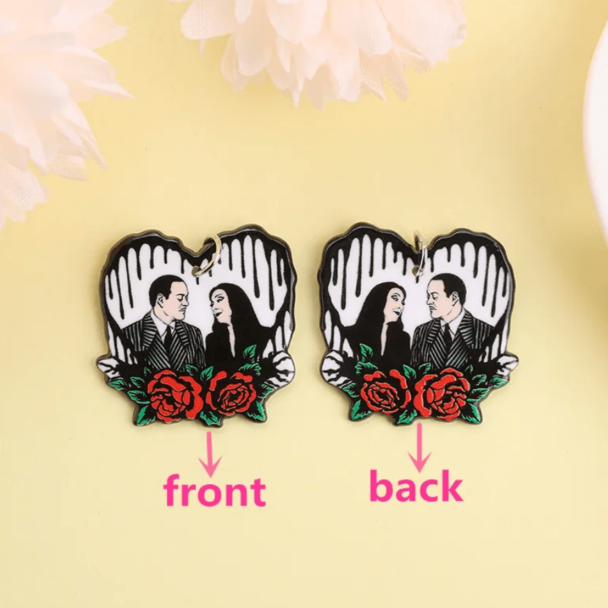 32*35mm "Gomez and Morticia " and Roses in Heart, Reversible image,  Sew on, Acrylic Resin Gems (Sold in Pair) Resin Gems