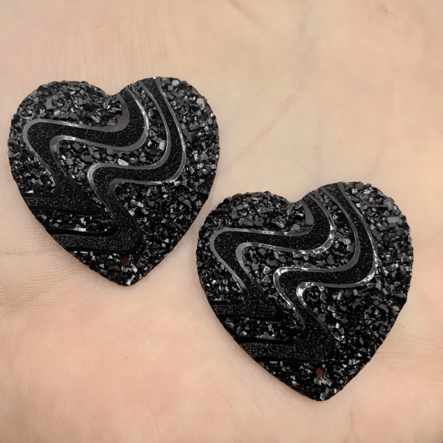 33mm Black Fancy Wave Design, HEART Design, Sew On Black Resin Gems (Sold in Pair) Resin Gems