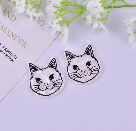 34*38mm "Meow" White Marble Cat Acrylic Shaped Gem. One hole, Resin Gems (Sold in Pair) Resin Gems