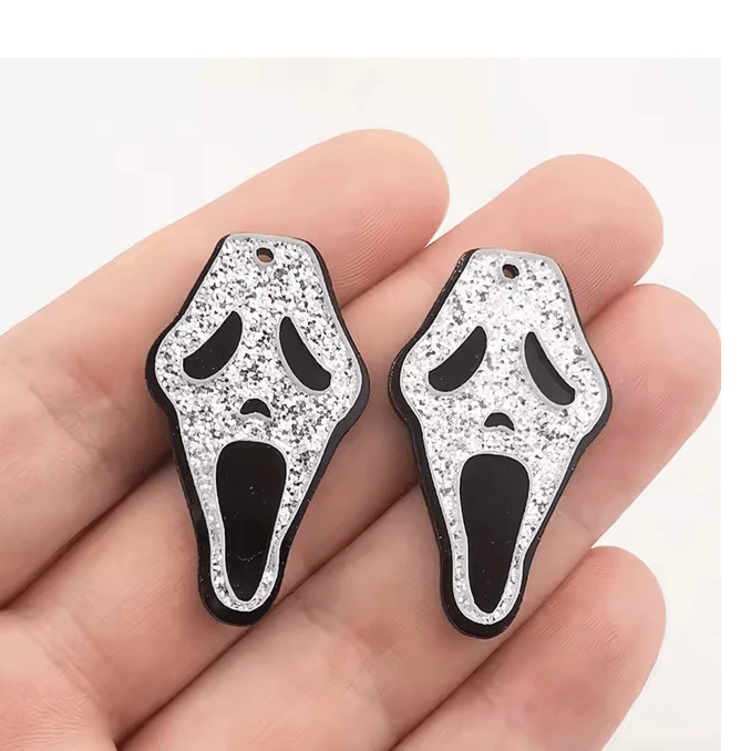 34mm Glitter Silver Ghost Skull Black Head Shape, Sew on, Resin Gem (Sold in Pair) Resin Gems