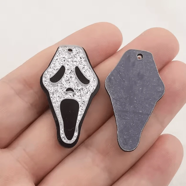 34mm Glitter Silver Ghost Skull Black Head Shape, Sew on, Resin Gem (Sold in Pair) Resin Gems