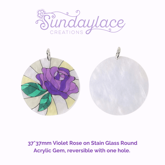 37*37mm Violet Rose on Stain Glass Round Acrylic Gem, reversible with one hole, Large Resin Gem, (Sold in pair) Resin Gems
