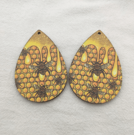 37*55mm Honey Comb Bee Pattern on Wooden Disks Teardrop Shape, Sew on, Wood Gems (Sold in Pair) Resin Gems