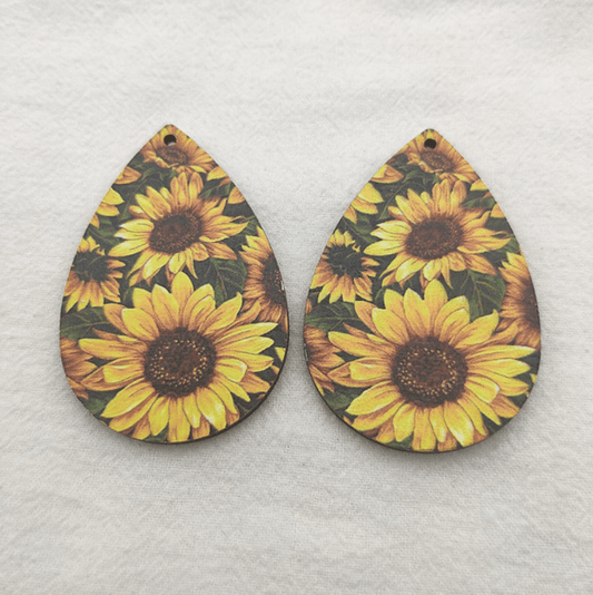 37*55mm Sunflower Pattern on Wooden Disks Teardrop Shape, Sew on, Wood Gems (Sold in Pair) Resin Gems