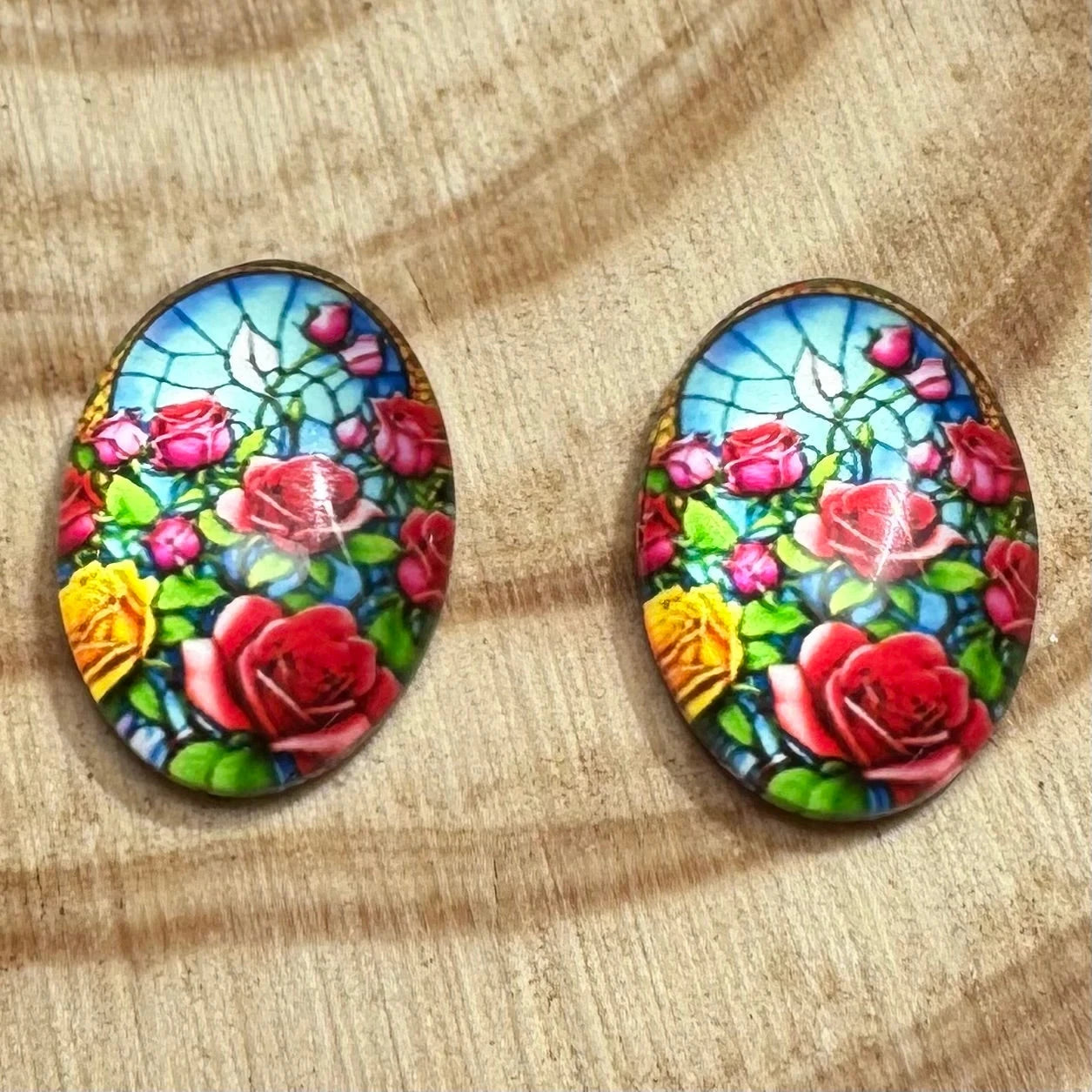 13*18mm Stained Glass Florals Oval, Glue On, Resin Gems (Sold in Pair) Sundaylace Creations & Bling