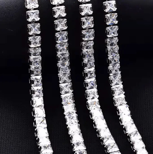 4*4mm Clear Square STONE with Silver Rhinestone Fancy Metal Chain, Sold in 18" *RARE* Promotions