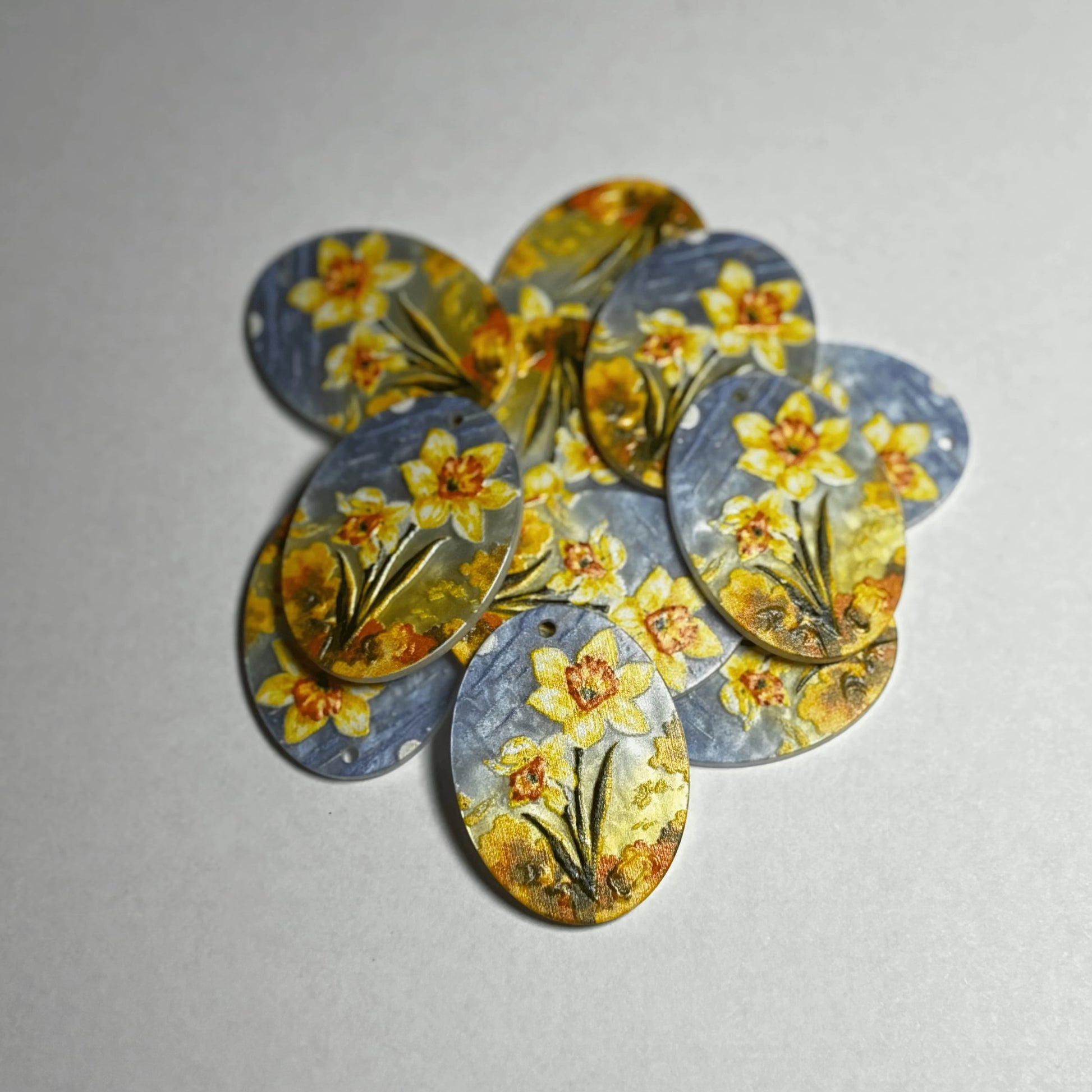 40*30mm Yellow Daffodil On Blue Sky Oval, Glue on, Resin Gem (Sold In Pair) Resin Gems