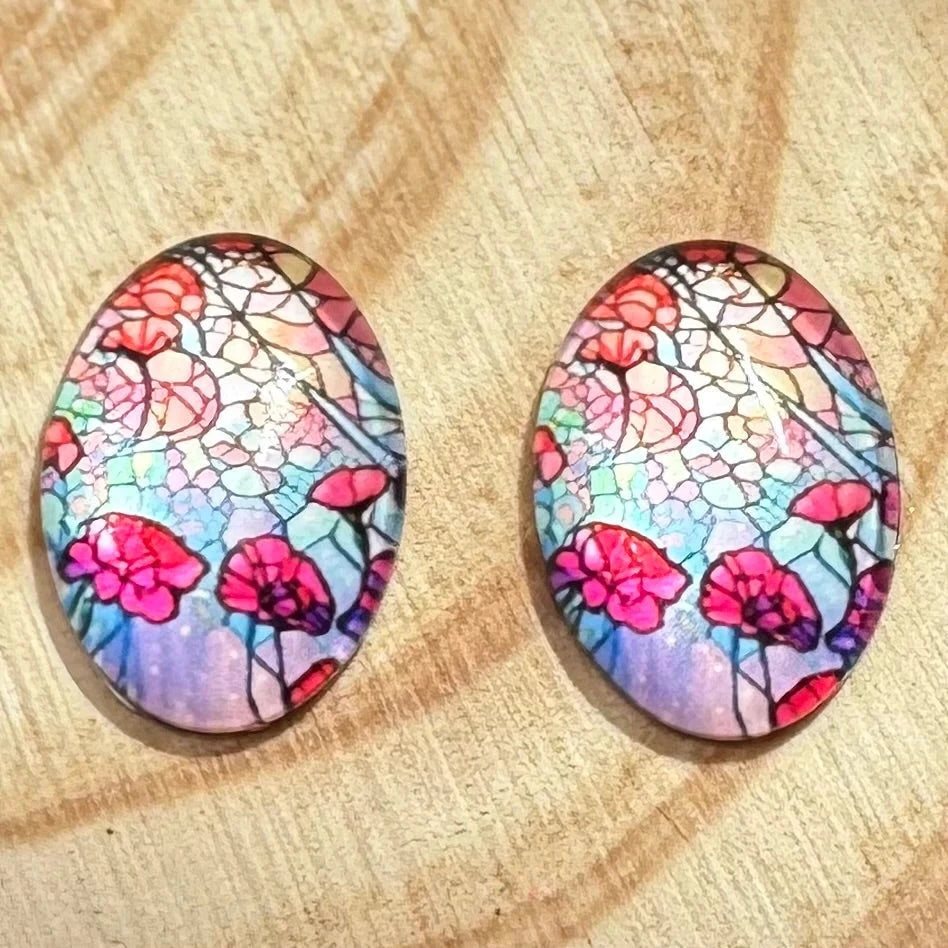 13*18mm Stained Glass Florals Oval, Glue On, Resin Gems (Sold in Pair) Sundaylace Creations & Bling