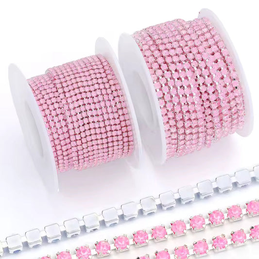 Ss6 Opal Pastel Pink Stone on Silver Coloured Metal Rhinestone Chain SS6 Metal Rhinestone Chain