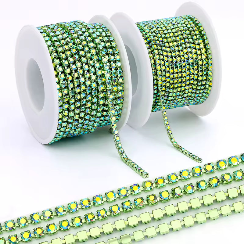 Ss6 Green Apple AB Colour on Lime Colour Rhinestone Metal Chain (Sold in Yard) Sundaylace Creations & Bling