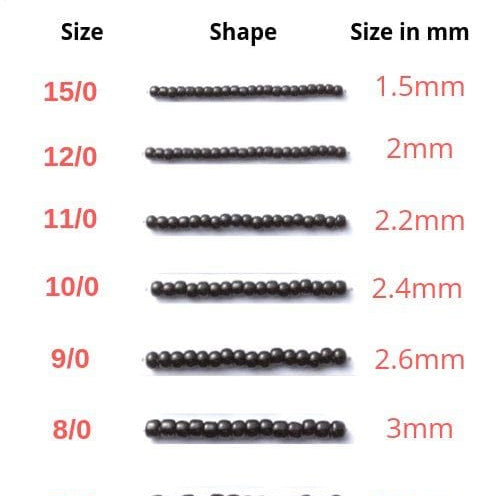 TOHO Seed Beads size chart with bead sizes and measurements on a white background.