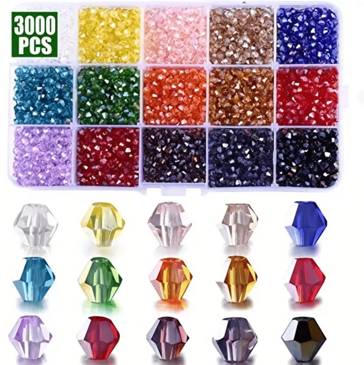 4mm Multicolour AB BICONE Kit - 15 Colours of 4mm Transparent Acrylic Bicone  AB Beads Kit Bicone Beads