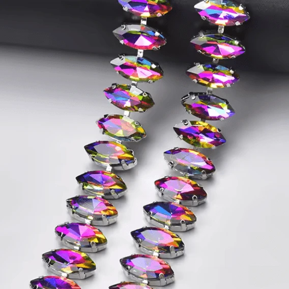5*10mm Purple Flame DIAMOND Navette STONE with Silver Rhinestone Fancy Metal Chain, Sold in 18" Promotions