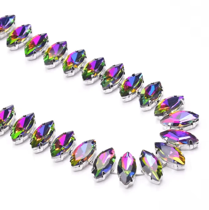5*10mm Purple Flame DIAMOND Navette STONE with Silver Rhinestone Fancy Metal Chain, Sold in 18" Promotions