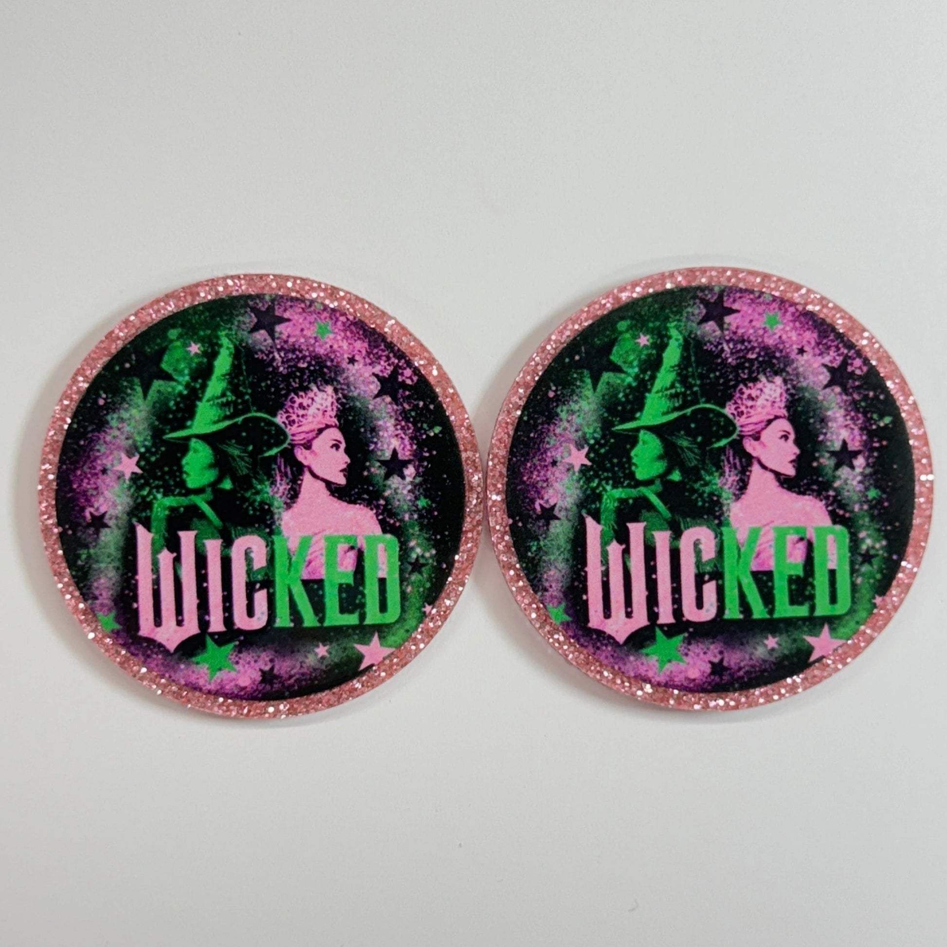 Wicked Circle 50mm "Wicked" Pink and Green Witch Themed , Glue on, Resin Gem (Sold In Pair) Resin Gems