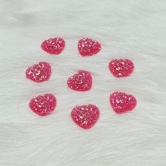 12mm, Pink, AB Heart Druzy Texture Glue on, Resin Gem, (Sold in Pair)