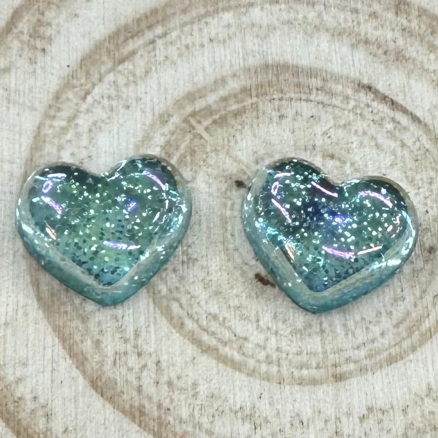 20mm Mermaid Aqua Sparkle Heart, Glue on, Resin Gem (Sold in Pairs) Resin Gems