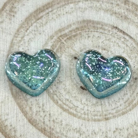 20mm Mermaid Aqua Sparkle Heart, Glue on, Resin Gem (Sold in Pairs) Resin Gems