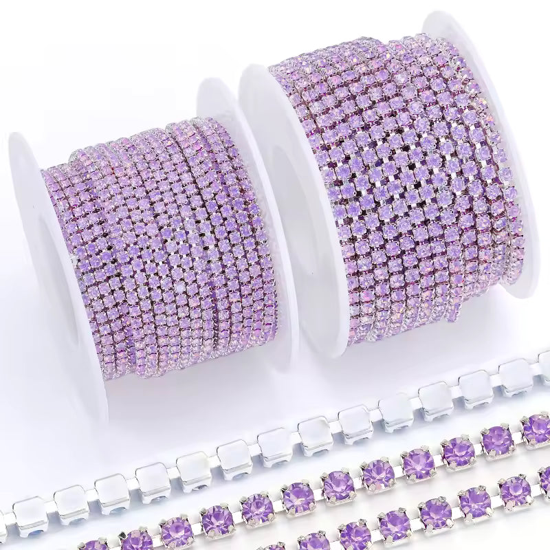 Ss6 Opal Violet Purple Stone on Silver Coloured Metal Rhinestone Chain SS6 Metal Rhinestone Chain