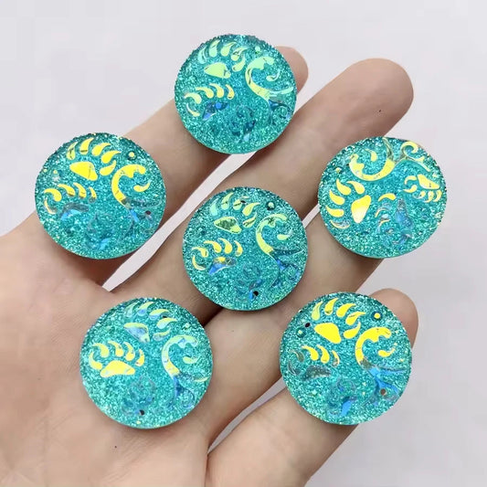 25mm Aqua 3 Bear Claws prints design Round, Sew on, Resin Gem (Sold in Pair) Resin Gems