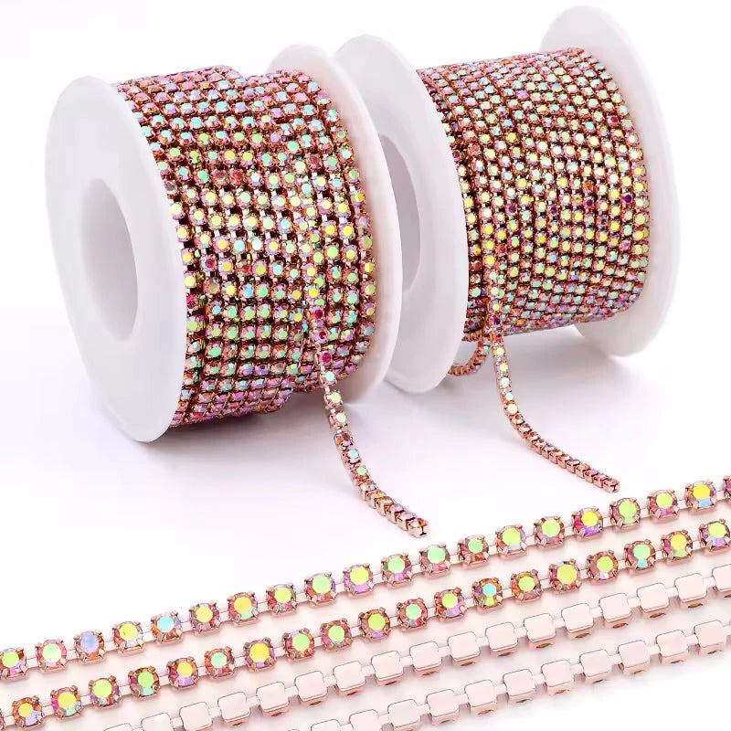 Ss6 Peach AB Colour on Champagne Colour Rhinestone Metal Chain (Sold in Yard) Sundaylace Creations & Bling