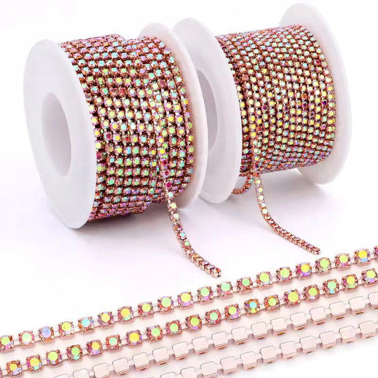 Ss6 Peach AB Colour on Champagne Colour Rhinestone Metal Chain (Sold in Yard) Sundaylace Creations & Bling