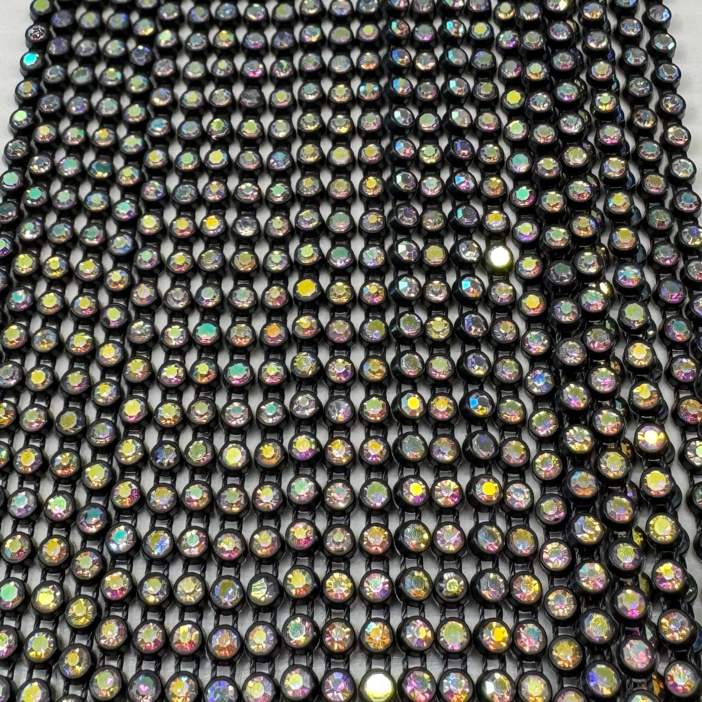 Ss8 AB on Black Plastic Rhinestone Banding, Crystal Lane Brand, Sold by yard Plastic Rhinestone Chain