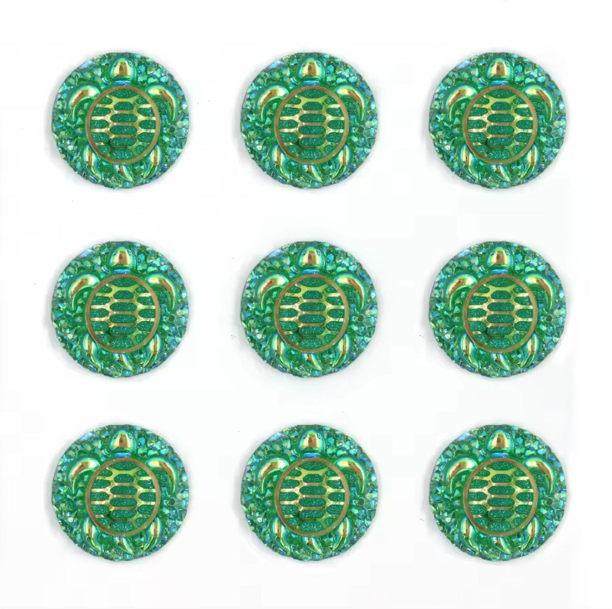 25mm Green AB Swimming Turtle with textured background, Sew on, Resin Gems (Sold in Pair) Resin Gems
