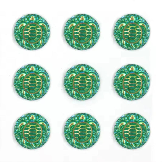 25mm Green AB Swimming Turtle with textured background, Sew on, Resin Gems (Sold in Pair) Resin Gems