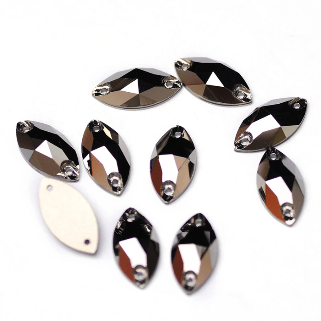 7*15mm Jet Gunmetal Black Grey Metallic Navette, Sew on, Glass Gems (Sold in Pair) Glass Gems