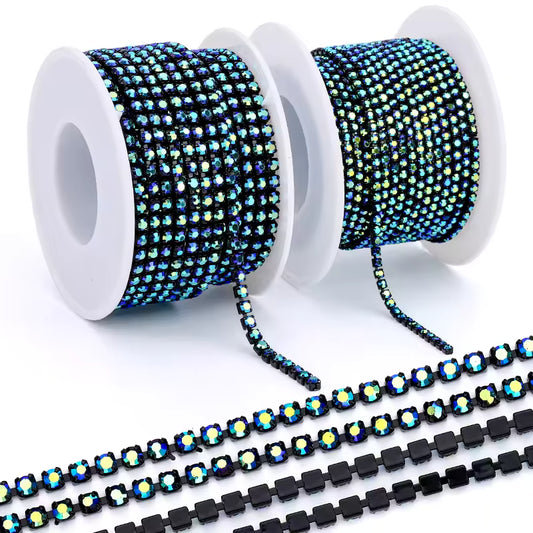 Ss12 Northern Lights Colour on Jet Black Colour Rhinestone Metal Chain (Sold in Yard) Sundaylace Creations & Bling