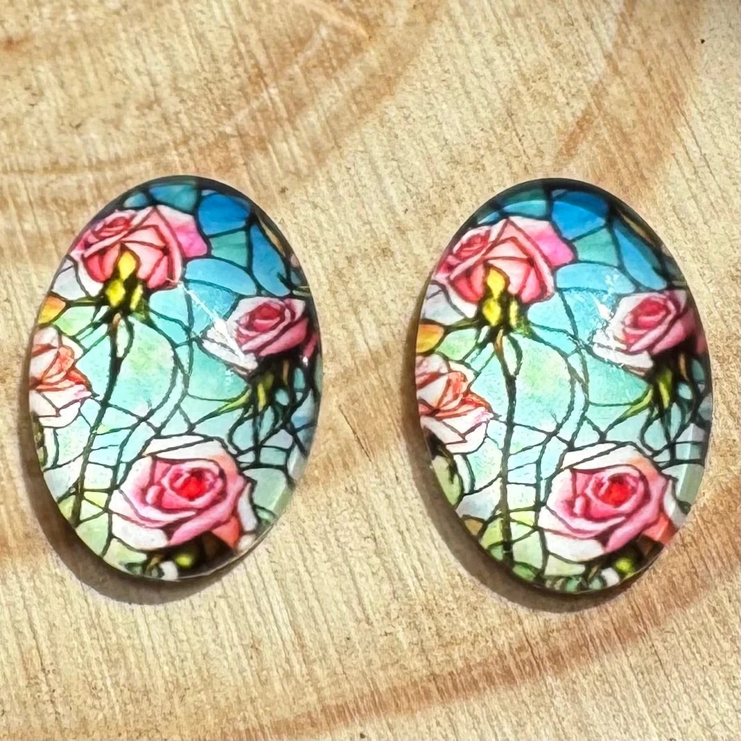 13*18mm Stained Glass Florals Oval, Glue On, Resin Gems (Sold in Pair) Sundaylace Creations & Bling