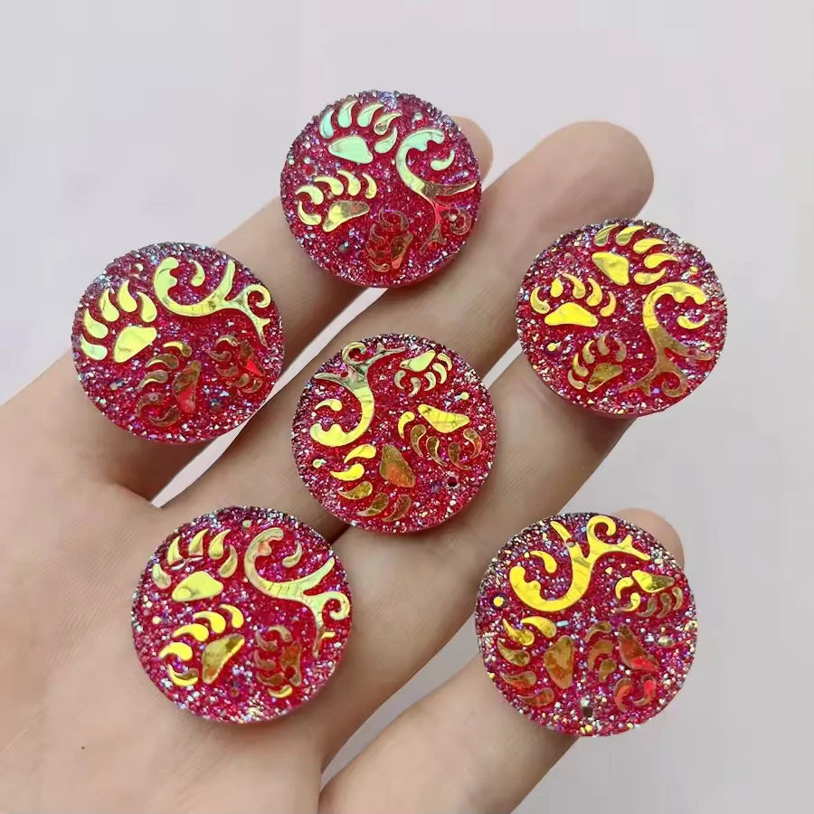 25mm Red AB 3 Bear Claws prints design Round, Sew on, Resin Gem (Sold in Pair) Resin Gems