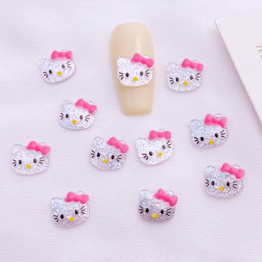 8*10mm Glitter White/Silver Hello Kitty Charms, Glue on, Resin Gems (Sold in Pair) Earring Findings