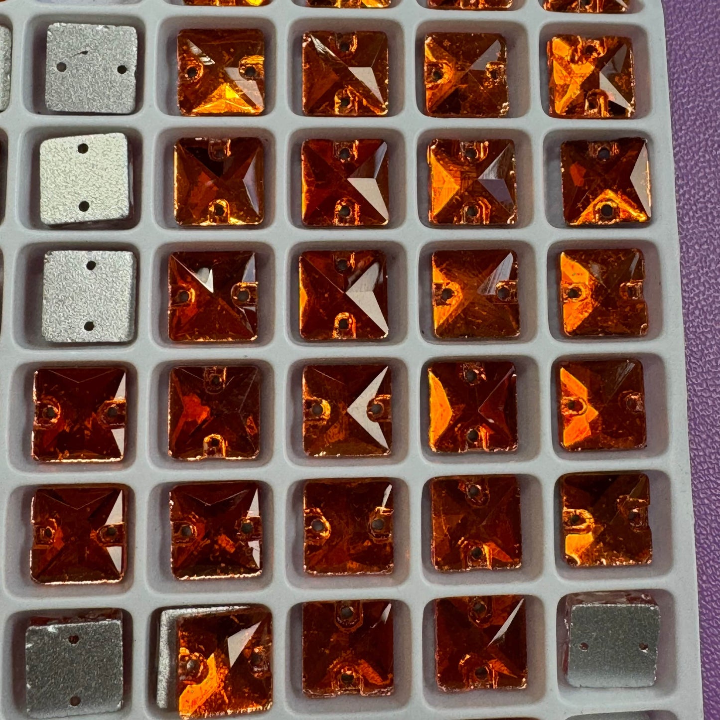 8mm Orange Square, Sew on, Glass Gem (Sold in Pair) Glass Gems