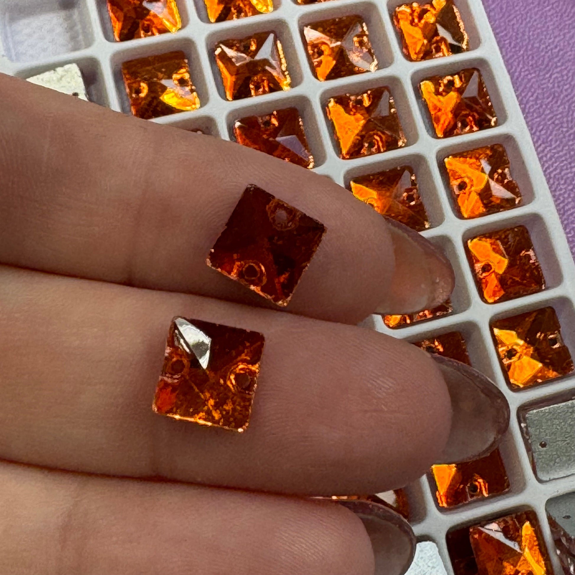 8mm Orange Square, Sew on, Glass Gem (Sold in Pair) Glass Gems