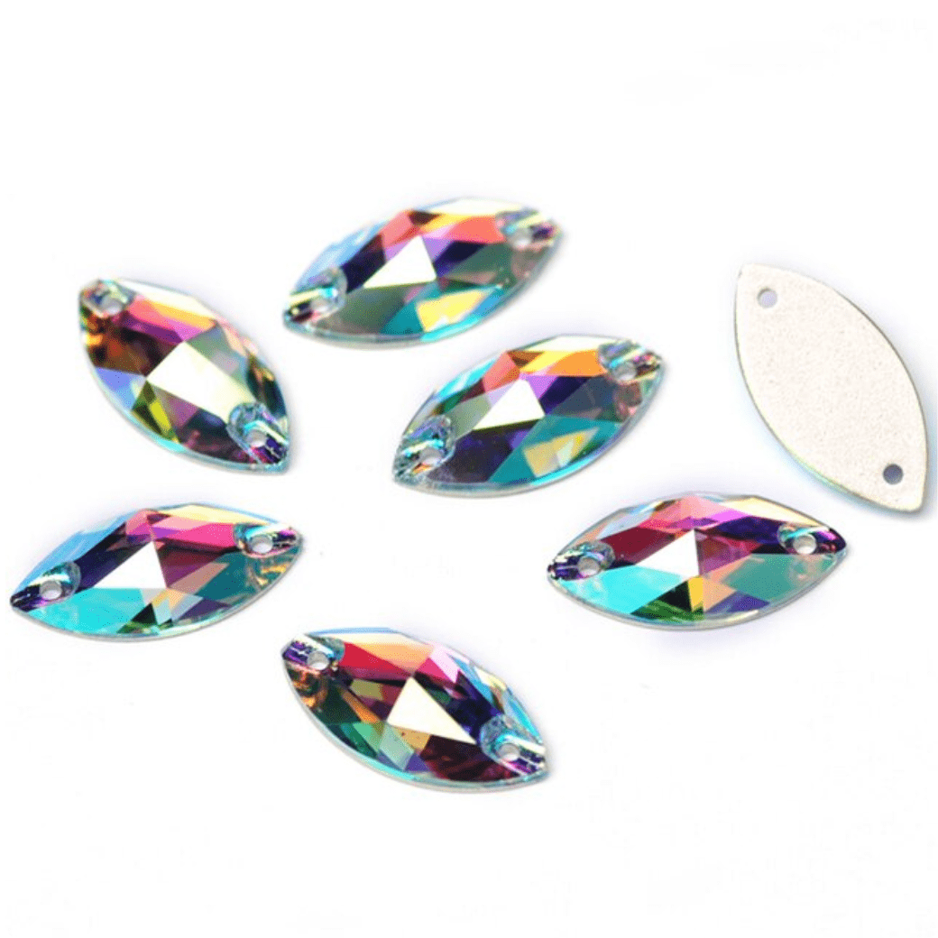 9*18mm Aquamarine AB Navette *High Quality*, Sew on, Fancy Glass Gems (Sold in Pair) Fancy Glass Gems
