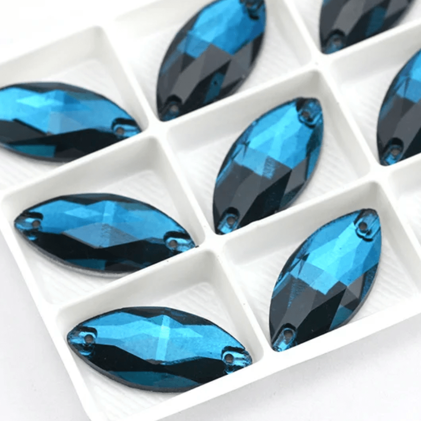 9*18mm Blue Zircon Blue Navette, Sew on Glass Gems (Sold in Pair) Glass Gems