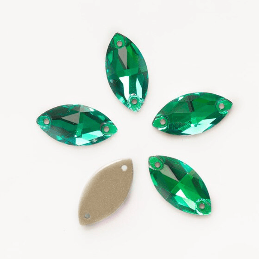 9*18mmGreen Navette, Sew on, Glass Gems (Sold in Pair) Fancy Glass Gems