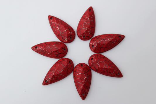 9*19mm Red Cracked Matte Chalk Textu Long Teardrop, Sew On, Resin Gem, (Sold in Pair) Resin Gems